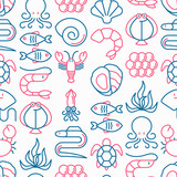 Seafood seamless pattern with thin line icons: lobster, fish, shrimp, octopus, oyster, eel, seaweed, crab, ramp, turtle. Modern vector illustration for restaurant menu.