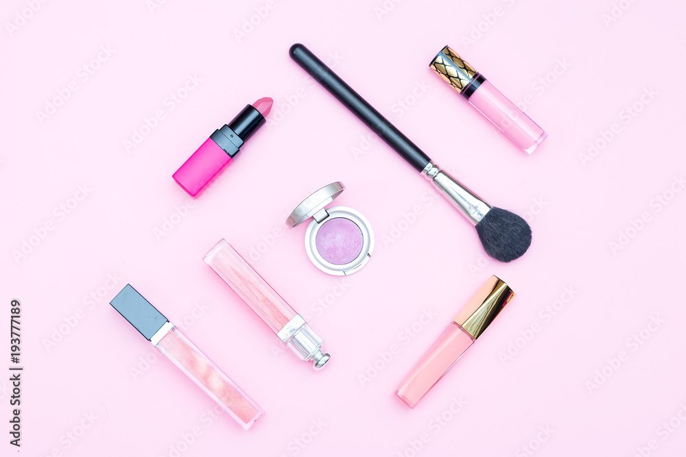Beauty makeup on pink background. Minimalist design Beauty makeup on pink background. Minimalist design