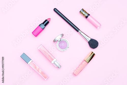 Beauty makeup on pink background. Minimalist design