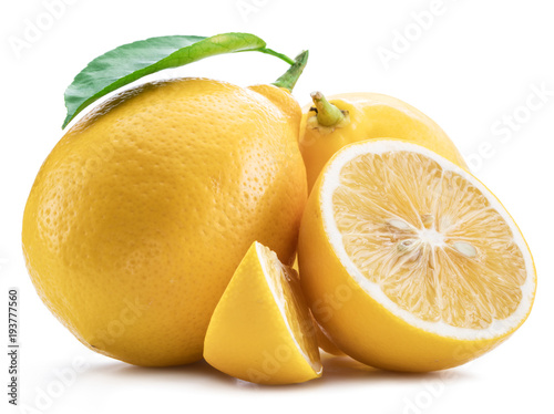 Ripe lemon fruits with lemon leaf on the white background.