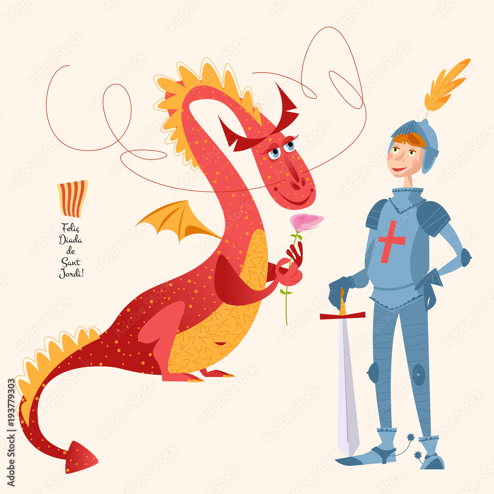 Dragon with a rose and knight with sword. Diada de Sant Jordi (the Saint George’s Day). Traditional festival in Catalonia, Spain.