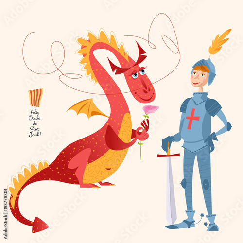 Dragon with a rose and knight with sword. Diada de Sant Jordi (the Saint George’s Day). Traditional festival in Catalonia, Spain.