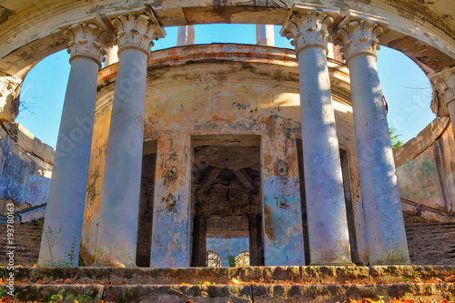 Abandoned building of the former restaurant on the top of Mount Akhun in sunny autumn day, Sochi, Russia
 photo