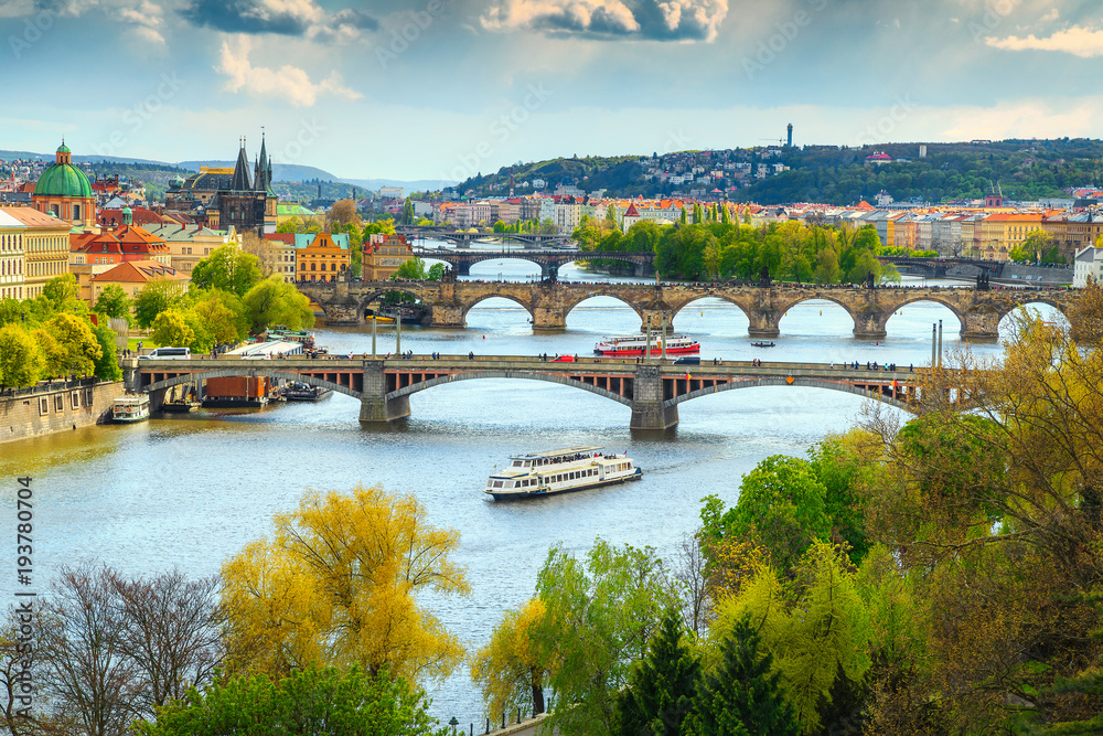 Wonderful spring panorama with famous Prague city, Czech Republic, Europe