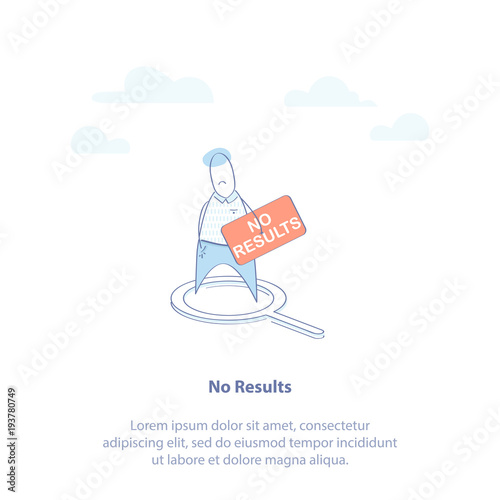 Flat line icon concept of No Result, Not Found or 404 web page Error. Cute man with a sign "No Results". Isolated vector illustration in trendy design style.