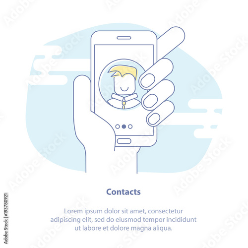 Contacts, Symbol of Connection, Support or Contacts. Mobile phone in hand with human profile.