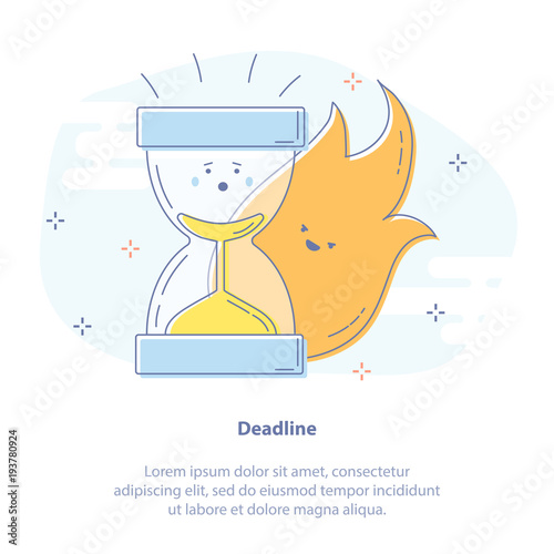 Flat line icon concept of Deadline, Time running out. Cute vector icon concept of Hourglass clock in fire. 
