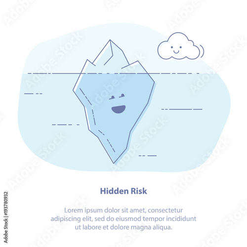 Flat line icon concept of Hidden Problems or Results, Climate changes. Iceberg in ocean water vector illustration, big iceberg floating in sea waves with huge underwater part.