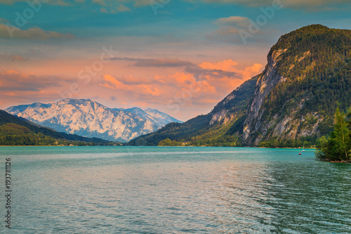 Stunning colorful sunset with Mondsee lake in Upper Austria, Europe