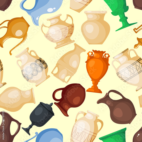 Amphora vector jar bottle amphoric ancient greek vases and symbols of antiquity and Greece amphora bottle vase illustration set seamless pattern background photo