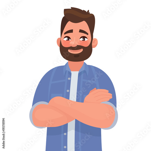 Bearded smiling man with arms crossed. Vector illustration