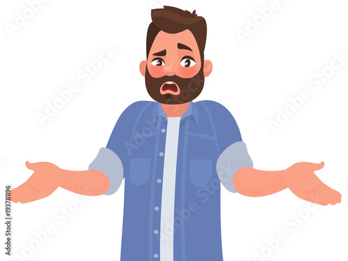 Bearded man emotionally spreads his hands. Question what's going on or why? Vector illustration