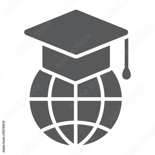 Global education glyph icon, e learning and education, graduation cap on globe sign vector graphics, a solid pattern on a white background, eps 10.
