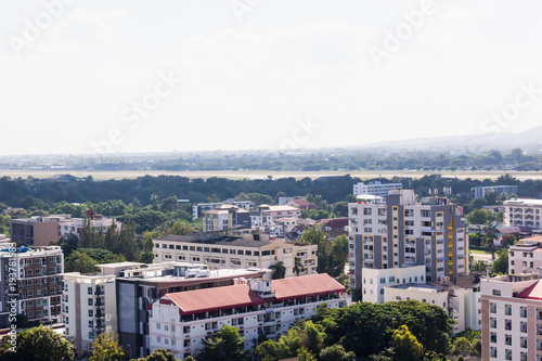 Background of top view city with sky line and runway of the plane