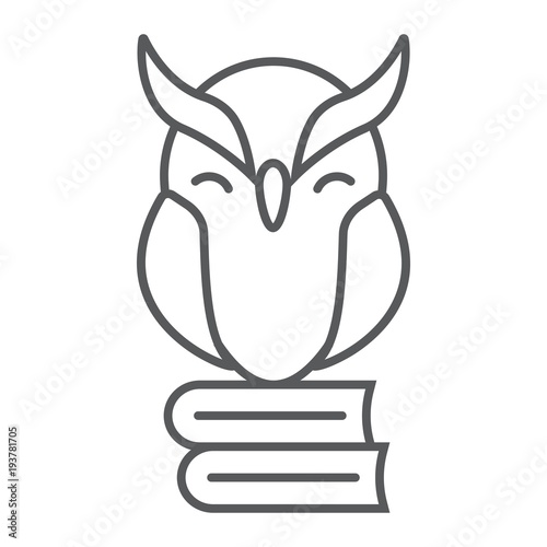 Owl on books thin line icon, e learning and education, knowledge sign vector graphics, a linear pattern on a white background, eps 10.