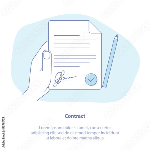 Contract, Agreement, Terms and conditions. Vector illustration of white paper with signature, hand, pen.
