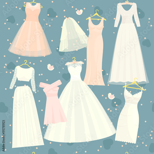 Wedding dresses vector set bride and bridesmaid white wear dressing accessories bridal shower celebration and marriage dressy fashion isolated illustration seamless pattern background