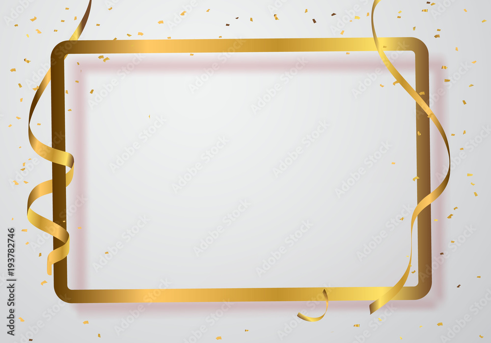 Celebration background frame template with confetti and gold ribbons. Vector illustration