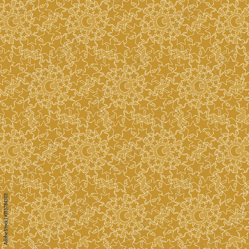 Seamless pattern with cute cartoon stars and moons or crescents. Yellow or gold color.