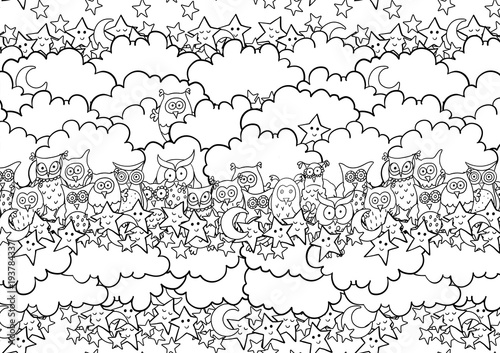 unny horizontal card with cartoon owls sitting on the clouds with little demilunes and smiling or sleeping stars. Vector contour illustration.