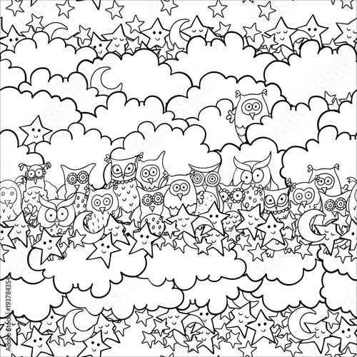 Funny seamless pattern with cartoon owls sitting on the clouds with little demilunes and smiling or sleeping stars. Vector contour illustration.