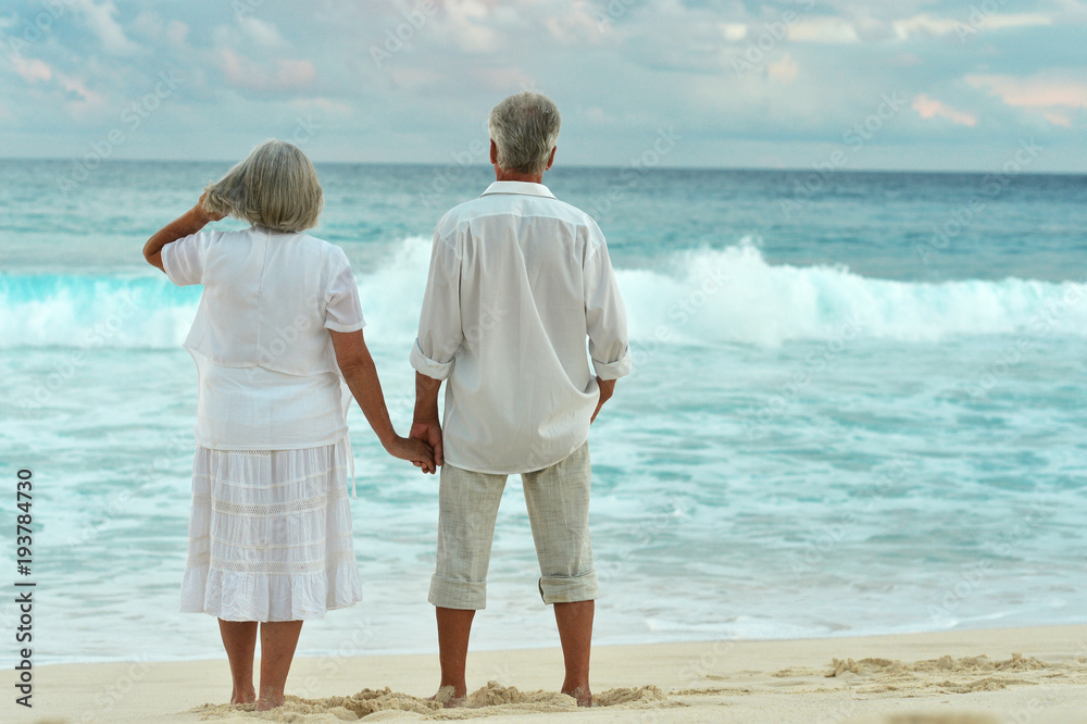 Rear view of elderly couple standing on sandy beach during sunse Rear view of elderly couple standing on sandy beach during sunse
