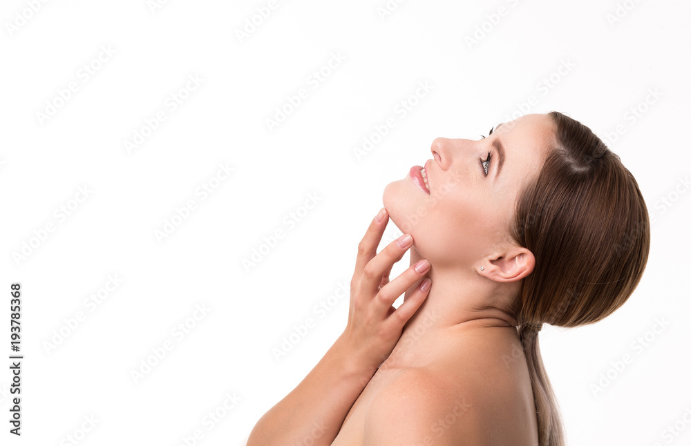 Side view image of beautiful model. Looking up and touching chin. Side view image of beautiful model. Looking up and touching chin.