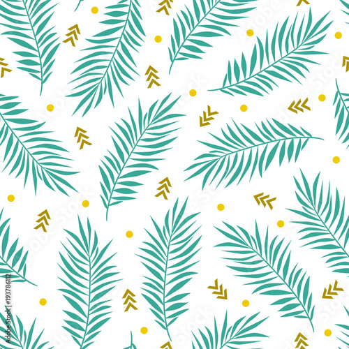 Vector summer seamless pattern with palm leaves and geometric elements. Natural repeated texture.