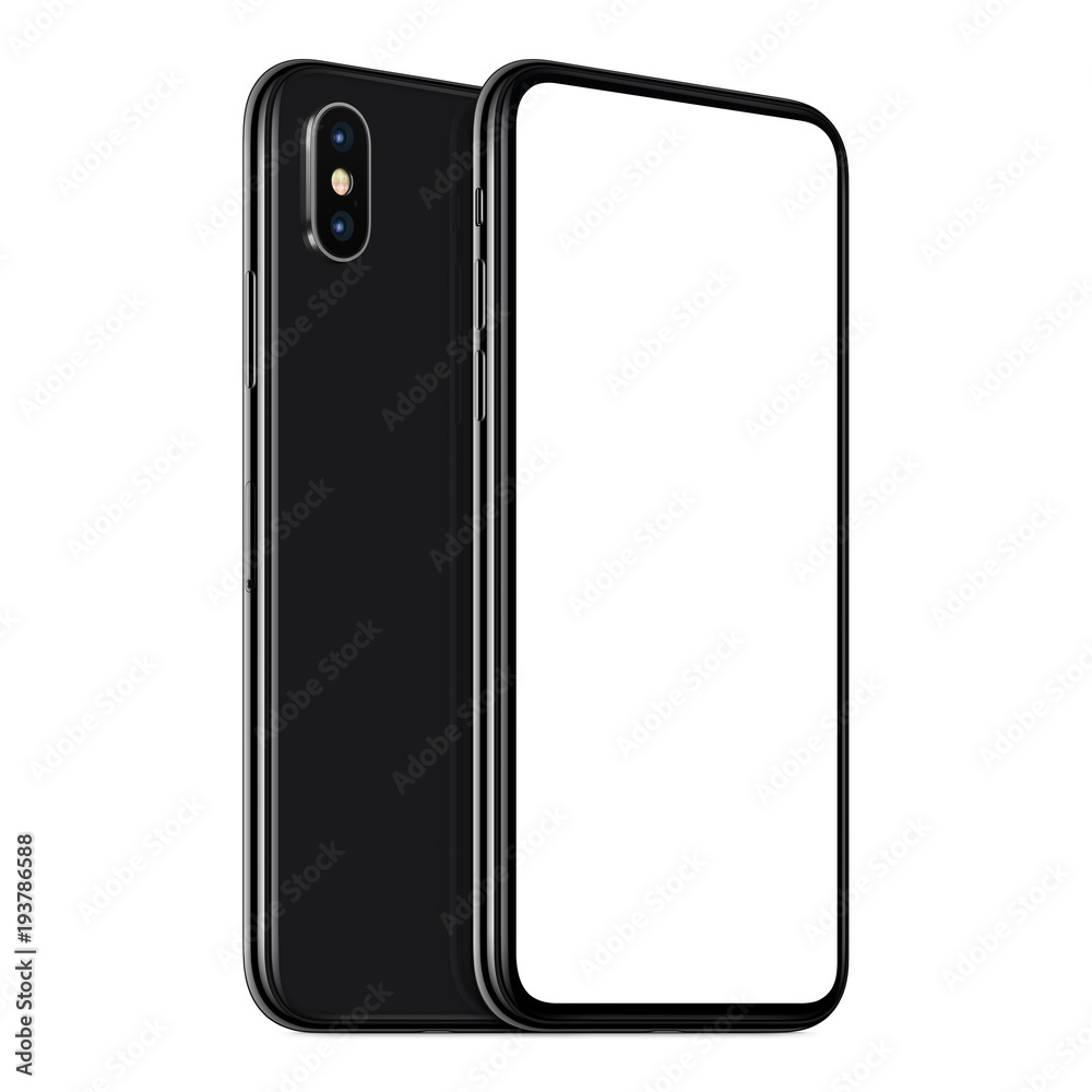 Black rotated smartphones mockup front and back sides one above the other isolated on white background Black rotated smartphones mockup front and back sides one above the other isolated on white background