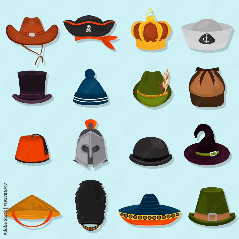 Set of different hats color flat icons Set of different hats color flat icons