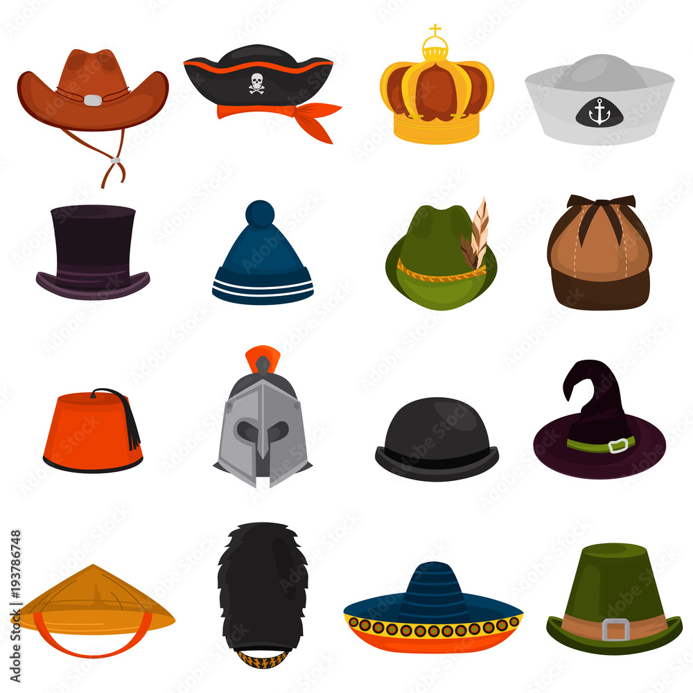 Set of different hats color flat icons Set of different hats color flat icons