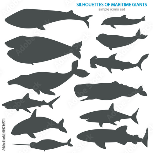Set of giant inhabitants of the sea depths silhouette icons