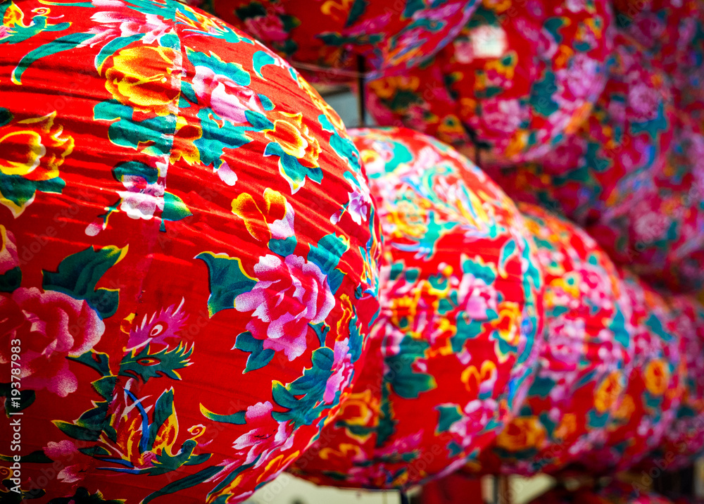 Close-up colorful modern Chinese lanterns