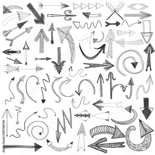 Vector hand drawn set of arrows. Big collection of different doodle style arrows