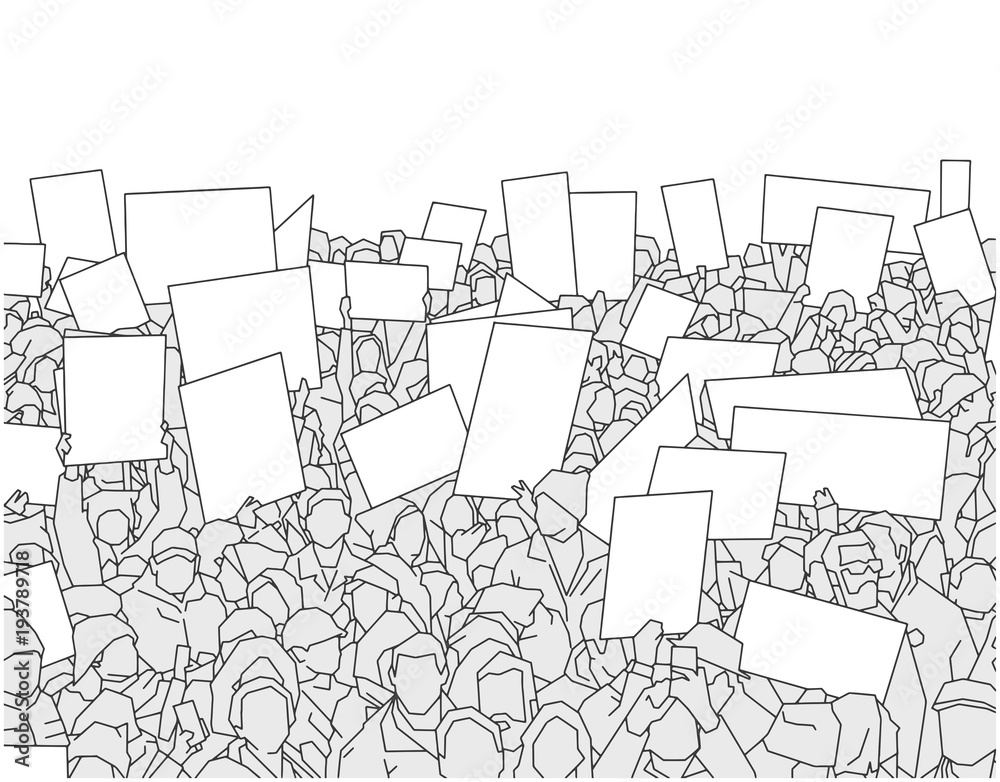 Illustration of large crowd of people demonstrating with blank signs 