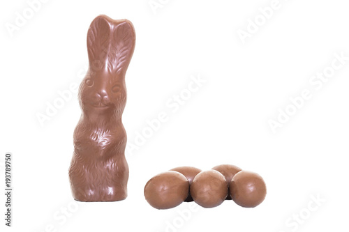 Brown chocolate easter bunny and chocolate eggs isolated
