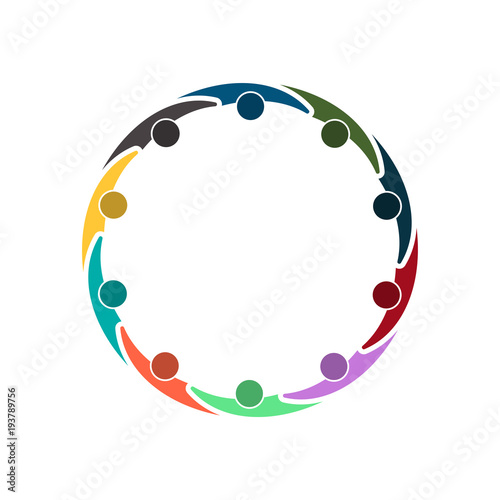 Group of ten persons in circle. holding hands.The summit workers are meeting in the same power room.