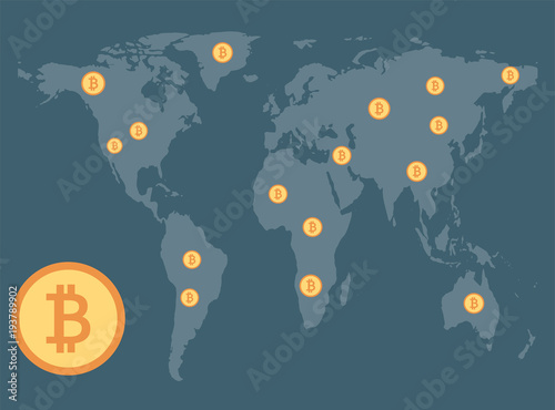 Bitcoin concept,CoinsBitcoin concept,Coins spread around on background map world.vector Illustrator
