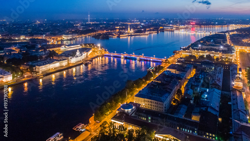 Panorama of Russia. Night St. Petersburg. Panorama of the Neva River. View of the city from a height. Cities of Russia. Petersburg in the summer.