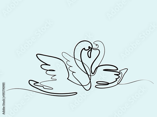 Continuous one line drawing. Couple swans logo. Black and white vector illustration. Concept for logo  card  banner  poster  flyer