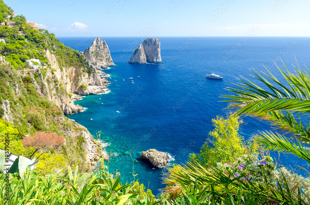 view on Faraglioni rocks on Capri island, Campania, Italy