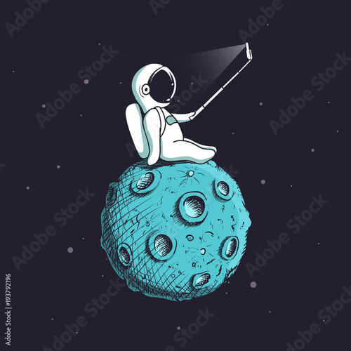 Funny astronaut make selfie on Moon.Spaceman photographs himself.Childish vector illustration.Prints design