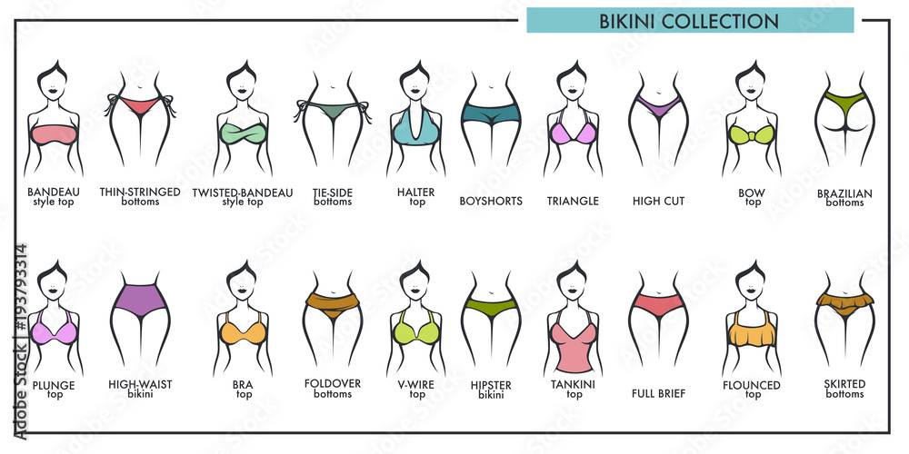 Woman bikini types collection vector icons of fashion lingerie or swimsuit  Stock Vector | Adobe Stock