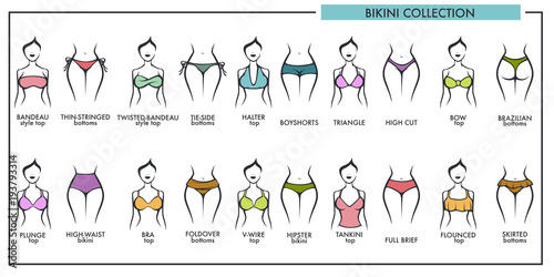 Woman bikini types collection vector icons of fashion lingerie or swimsuit
