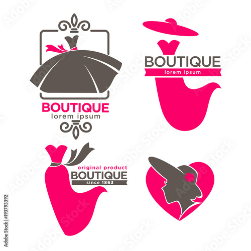 Dress boutique or fashion dress and hat atelier salon vector icons set