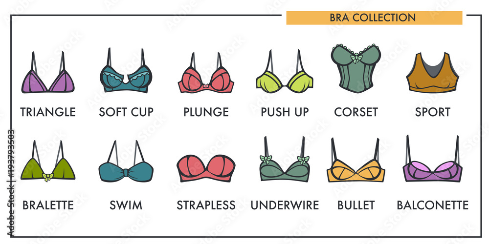 Collection of different types of bras illustrations, icons ~ Clip