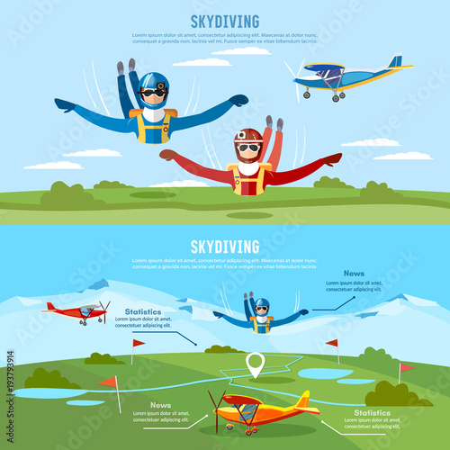 Skydiver jumps from an airplane banner. Skydivers are falling above the cloud, teamwork banner extreme sport