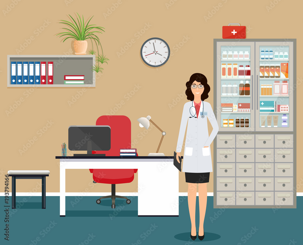 Woman doctor in uniform standing near the desk in doctor's office. Medical consulting room interior Woman doctor in uniform standing near the desk in doctor's office. Medical consulting room interior