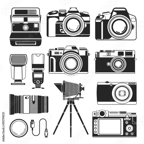 Retro camera and old or modern photography equipment vector, silhouette icons
