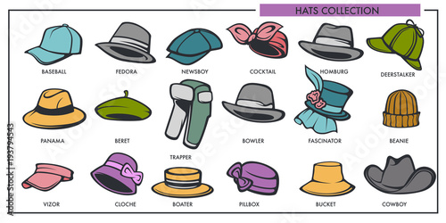 Woman and man hats models collection of retro and modern fashion type vector isolated icons